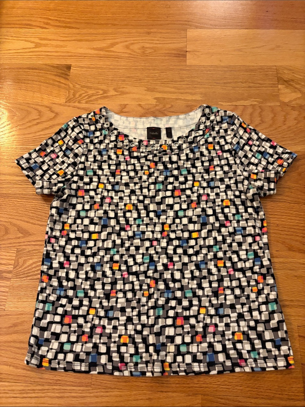 Rafaella Black Short Sleeve Tee with Multicolor Square Print